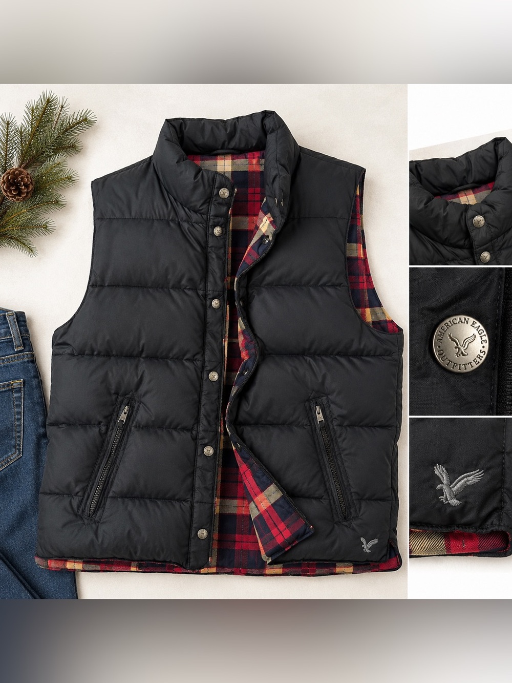 American Eagle Black Puffer Vest Plaid Lined Utility Outdoor L